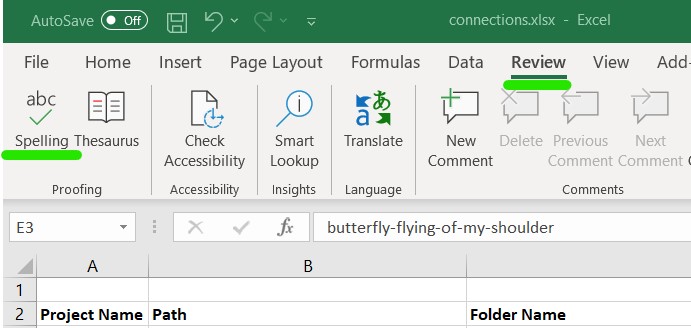 Review tab in Excel with Spelling menu item on the top left. 