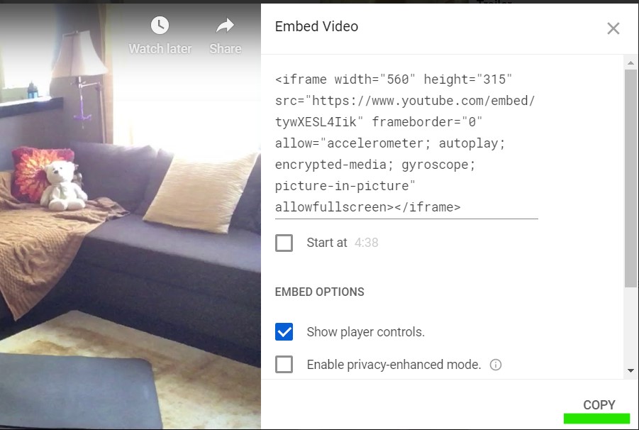 YouTube share embedded video window with Copy Link on the bottom 